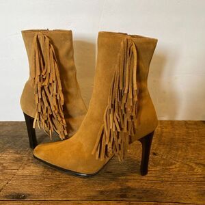 Predictions Boho Leather Fringed High Heel Boots Women Size 7.5